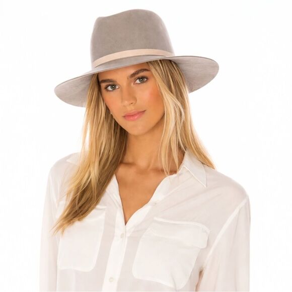 Janessa Leone Drew Wool Fedora Hat Gray Small Wide Brim 3.5” Minimalist Rancher
